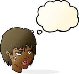 cartoon woman with plaster on face with thought bubble