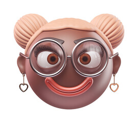 Emoji nerd face of glamour black african american woman. Cartoon smiley on transparent background. 3D render front view