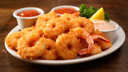 The focus in this closeup shot is on the juicy, tender shrimp encrusted in a flavorful, lightly seasoned batter. Each shrimp showcases its delicate pink that contrasts beautifully with the