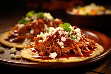 Fotobehang A fiesta of flavors in an enchilada corn tortillas coing tender pulled pork carnitas, smothered in a velvety red chili sauce, sprinkled with crumbled cotija cheese, baked to perfection. © Justlight