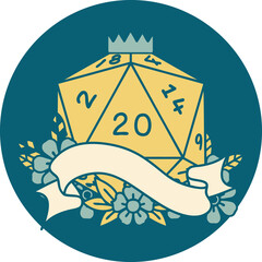 Retro Tattoo Style natural twenty D20 dice roll