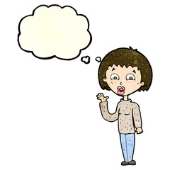 cartoon woman waving with thought bubble