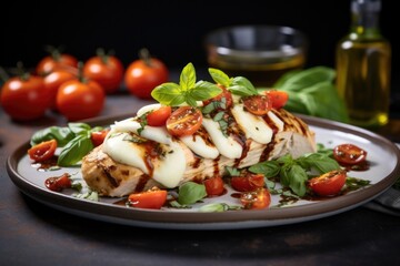 Indulge in a delectable masterpiece where a perfectly cooked chicken is filled to the brim with melted mozzarella cheese, juicy sunrid tomatoes, and aromatic basil leaves, resulting in a