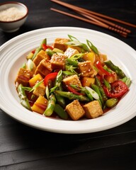 A visually appealing stirfry composed of tendercrisp baby corn, snowwhite tofu, and an array of vibrant green vegetables, its flavors infused with a tantalizing blend of es.
