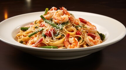 In this visually delightful composition, each bite of Shrimp and Asparagus Pasta offers a symphony of flavors and textures. The plump shrimp, tender asparagus, and al dente pasta harmoniously