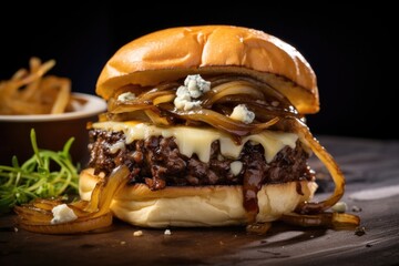 Alongside the beef and blue cheese, this burger features a thin layer of caramelized onions that add a savory sweetness, teasing your taste buds with every bite.