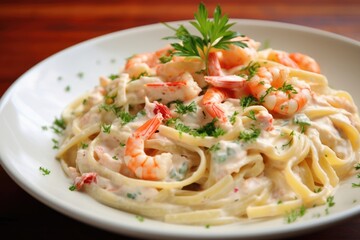A visually delightful image of a shrimp and crab pasta Alfredo dish, the beautifully arranged seafood and pasta strands harmonizing perfectly within a creamy sauce, with the Alfredos richness