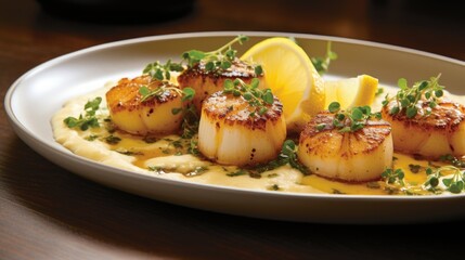  zooms in on a sizzling pan filled with succulent scallops, perfectly seared to a goldenbrown crust. Their tender, ery rests on a bed of pillowy cauliflower puree, accented with