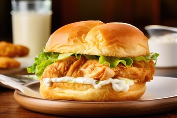 Treat yourself to a juicy Tyson chicken sandwich, topped with a slice of velvety Land OLakes cheese, fresh lettuce from Dole, and a tangy aioli made with Hellmanns mayo, all nestled in a