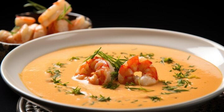 This closeup shot highlights a mouthwatering seafood bisque, creamy and velvety in texture. Miniature lobster chunks and plump shrimp add luxurious richness to the soup, while the fragrant