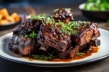 This shot highlights a plate of tender beef ribs, expertly cooked to achieve a desirable caramelized outer layer, revealing the succulent meat ready to be sad, bonein.