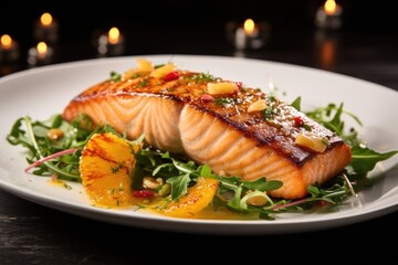 A visually captivating dish showcases a perfectly seared salmon fillet, its deep caramelized exterior contrasting with the vibrant orange hue of its tender . Alongside, a delicate shaved