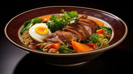 A tantalizing photograph depicting a hearty bowl of rich duck noodle soup, showcasing succulent duck leg confit, tender egg noodles, and a medley of vegetables in a flavorful broth.
