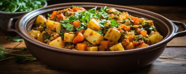 A capturing shot of a hearty vegetarian stew, where chunks of root vegetables, lentils, and aromatic herbs simmer together into a rich and comforting bowl of goodness.