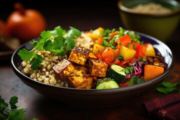 A stunning shot of a colorful vegetarian buddha bowl, filled with a variety of roasted vegetables, quinoa, and crispy tofu, generously sprinkled with chopped coriander leaves, to impart