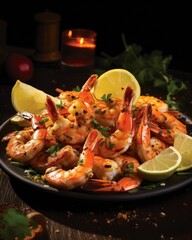 A symphony of flavors and textures unfolds in a plate of succulent grilled prawns, each one marinated in a zesty blend of lemon, garlic, and black pepper, delivering a delightful combination