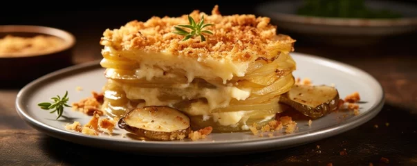 Foto op Plexiglas A visually captivating image displays an exquisite gratin dauphinois dish. Layers of thinly sliced potatoes are delicately arranged, interspersed with creamy Gruyere cheese and topped with © Justlight