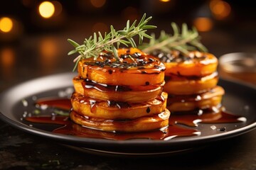 An appealing image showcasing a stack of mini sweet potato and caramelized onion tarts, sprinkled with fragrant thyme leaves and accompanied by a drizzle of tangy balsamic reduction. - obrazy, fototapety, plakaty