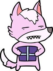 cartoon wolf with a gift