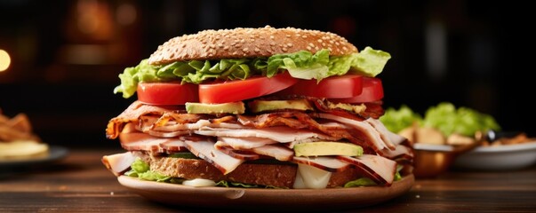 A dramatic closeup shot captures the layers of a hearty bagel club sandwich. Generous slices of roasted turkey, smoky bacon, crisp lettuce, and juicy tomatoes are stacked between asiago - obrazy, fototapety, plakaty