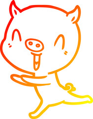warm gradient line drawing of a happy cartoon pig running