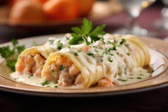 A tempting closeup image presents a serving of seafood cannelloni filled with an enticing combination of succulent shrimp, tender scallops, and flaky white fish, all enveloped in perfectly
