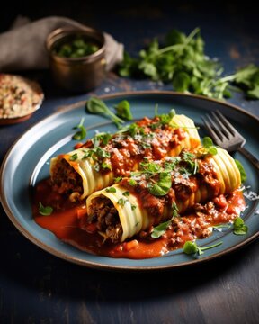 This vibrant food shot captures a fusion twist on cannelloni, with each pasta tube stuffed to the brim with a fragrant blend of ed beef, aromatic curry, and tender lentils, all drenched