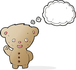 cartoon teddy bear waving with thought bubble