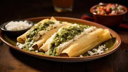 A mouthwatering platter of traditional tamales de elote, showcasing sweet corn masa dough filled with a creamy and cheesy mixture, steamed until fluffy and topped with a drizzle of tangy