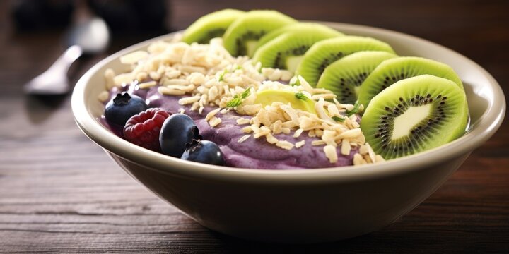 Embark on a tropical flavor journey with this enticing acai bowl featuring a harmonious blend of acai puree and tangy passion fruit, adorned with a vibrant array of sliced kiwi, golden flaxseeds,