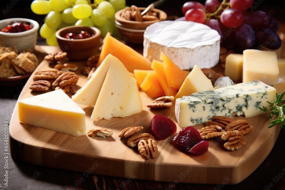 Poster an overhead photograph captures a rustic wooden board adorned with an array of artisanal cheeses, ea