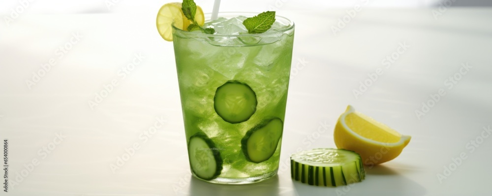 Poster a unique blend of jasmine green tea and fresh cucumber juice, creating a crisp and rejuvenating beve