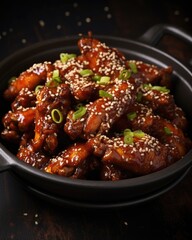 A closeup of Korean fried chicken wings tossed in a sticky, tangy glaze, sprinkled with crushed peanuts for an added crunch. The wings exude a luscious sheen, promising an explosion of flavors