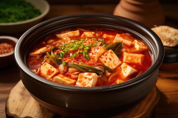 An overhead shot showcasing a hearty bowl of kimchi stew. The steam rising from the bowl acts as a testimony to its comforting warmth. The vibrant red broth, b with chunks of tofu, pork,
