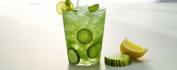 A unique blend of jasmine green tea and fresh cucumber juice, creating a crisp and rejuvenating beverage that is perfect for a hot day. The drink is accompanied by cucumberflad pearls, providing