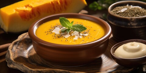 A rustic photograph capturing the warm hues of a CBDinfused ernut squash soup, topped with a dollop of CBDinfused coconut cream and garnished with a sprinkle of hemp seeds, combining comforting