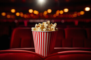 Close up a popcorn in paper stripped bucket on red soft armchair on blurred empty cinema hall - obrazy, fototapety, plakaty