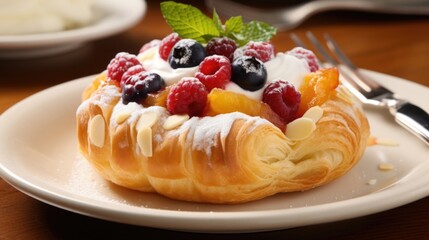 A heavenly shot of a fruit danish, filled with a medley of vibrant fruits like raspberries, blueberries, and peaches, nestled in a fluffy cloud of sweet, delicate dough.