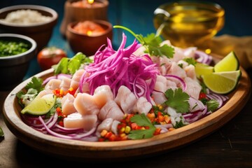 A visually appealing ceviche platter, featuring delicate pieces of raw fish marinated in tangy lime juice, garnished with vibrant red onions, and accompanied by a side of crispy corn kernels.