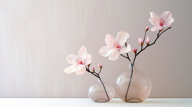 Still life of pink magnolia flowers in small glass vases  isolated to the right side of the frame leaving open space for copy and text.  Table top frontal view , washed paint wall background 