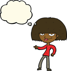 cartoon happy woman pointing with thought bubble