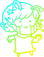 cold gradient line drawing of a cartoon crying alien girl