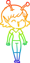 rainbow gradient line drawing of a cartoon alien girl laughing