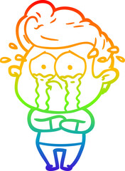rainbow gradient line drawing of a cartoon crying man