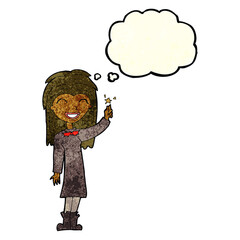 cartoon friendly witch girl with thought bubble