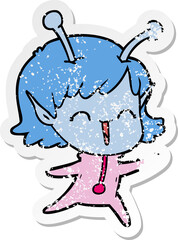 distressed sticker of a cartoon alien girl laughing