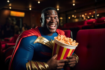 African american man in cosplay superhero costume is watching movie in the cinema - obrazy, fototapety, plakaty