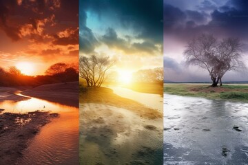 Conceptual collage of weather effects during sunrise on a river. Generative AI