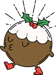 illustration of a traditional tattoo style christmas pudding character walking
