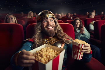 Attractive bearded man in cosplay superhero costume is watching his favorite movie in the cinema - obrazy, fototapety, plakaty